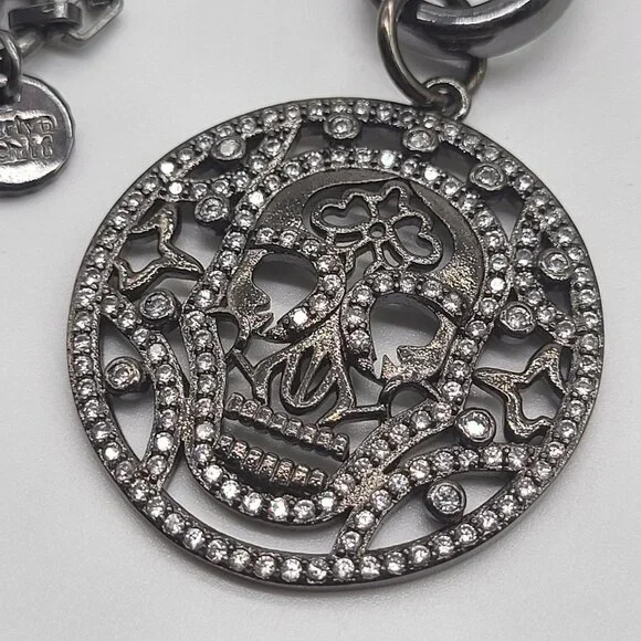 Marlyn Schiff Sugar Skull Rhinestone Pendant Necklace Gunmetal - Picture 5 of 10